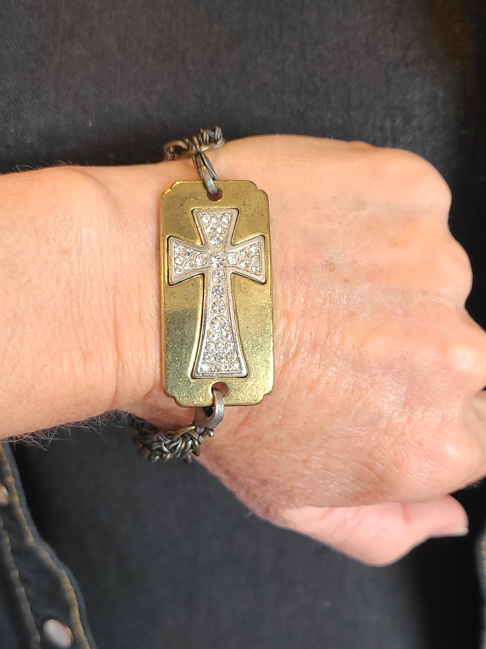 Gold-Tone Cross Plate Bracelet with Crystal Accents